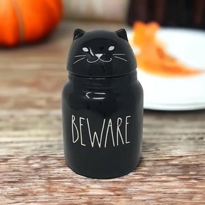 Rae Dunn Black BEWARE figural Spooky Cat Halloween Baby canister Cookie Jar NEW